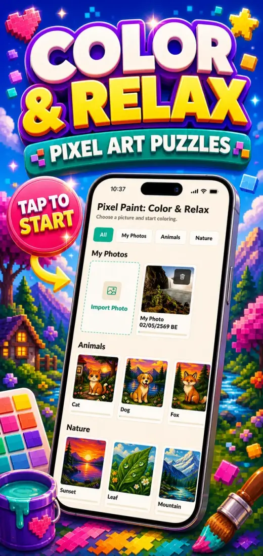 Pixel Paint gallery promo with pixel art puzzles