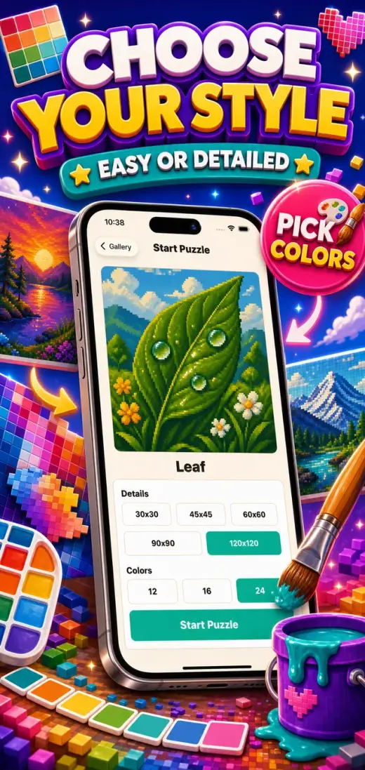 Pixel Paint puzzle setup screen with detail and color choices